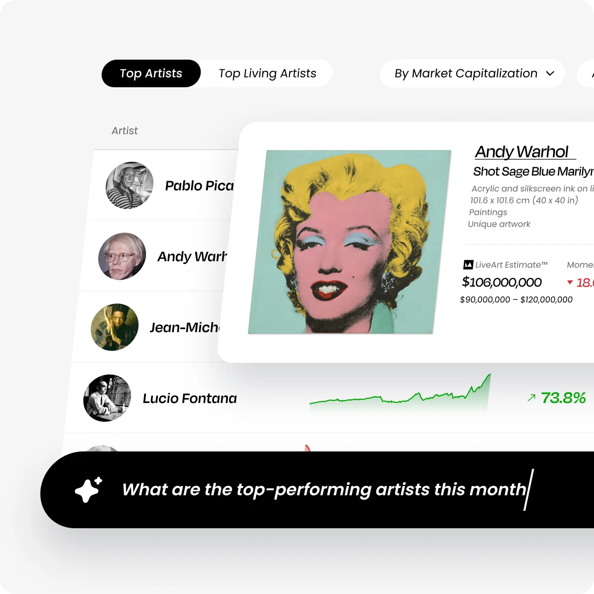 LiveArt platform interface previewing live valuations, indices, and market intelligence.